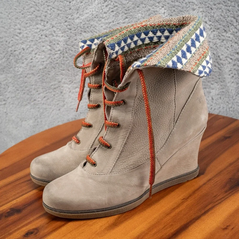 Holding Horses Anthropologie Foldover Grey Leather Wedge Boots SZ. EU 39